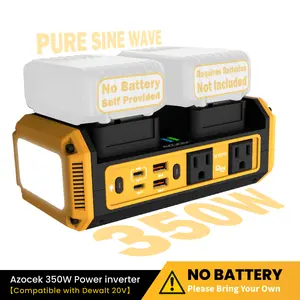 Azocek 350W Power Inverter Pure Sine Wave Compatible with DeWalt 20V Battery (No Battery), 7A Fast Charger, Portable Power Station with 2 AC Outlets, 2 Type-C (140W/65W), 2 QC USB Ports, 600LM LED for Camping, Outdoor Work, Emergency Power