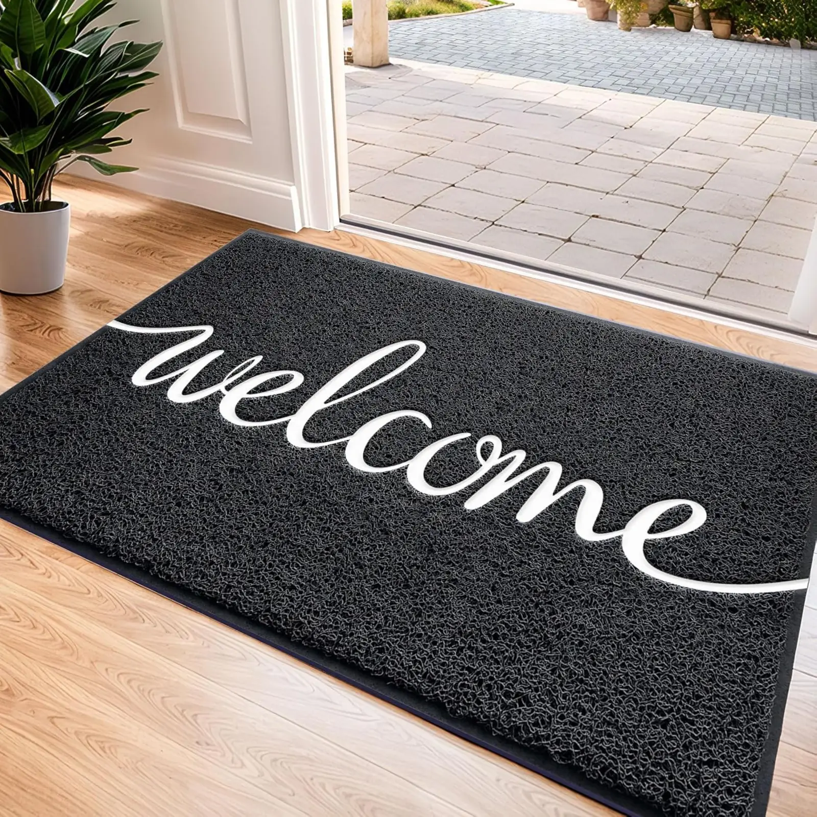 Welcome Mats Black Door Mat 30"x17.5" Non-Slip Doormat for Entryway Low-Profile Floor Mat for Yard Garage High Traffic Areas Solid Design Easy Maintenance