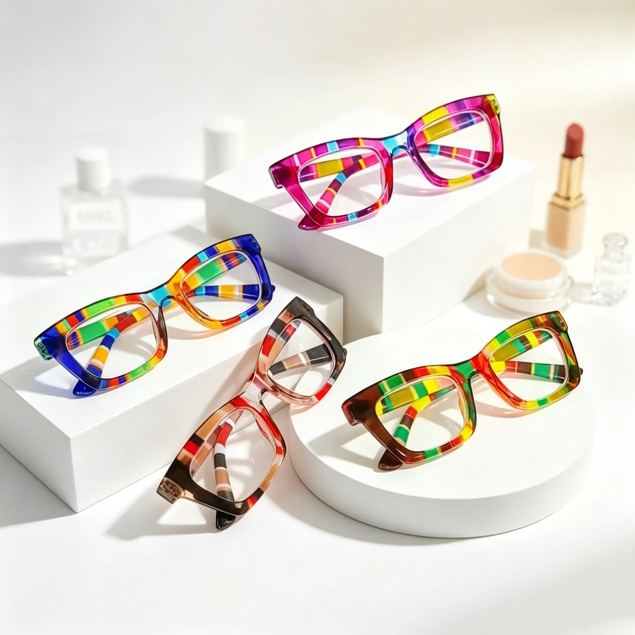 Unisex 4-Piece Assorted Bohemian Multi-Colored Stripe Plastic Frame Multi-Focal Reading Glasses - High Quality Eyewear, Oversized, Spring Hinge, Comfortable Durable, Computer Readers, Adults’ Holiday Gift