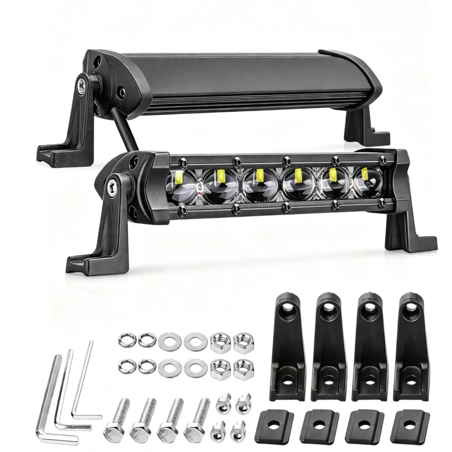YCHOW-TECH 2PCS 6-in Glossy Slim Profile Single Row 96W Aluminum Alloy Bracket Mount Adjustable LED Light Bar Car, 9600LM Super Bright Spot Beam Driving Light Strip for 4x4 Trucks, Offroad Vehicles