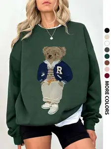 Women's Bear Print Drop Shoulder Sweatshirt, Comfortable Long Sleeve Round Neck Pullover, Casual Fall Winter Fashion Top