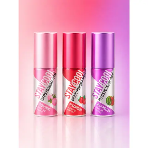 Vegan Oral Care Mouth Spray 3-Pack - STAY COOL, Bubblemint, Strawberry, Watermelon, Spearmint, Sugar-Free, Alcohol-Free, Pocket-Sized, for Adults, Anytime Anywhere On-the-Go Set
