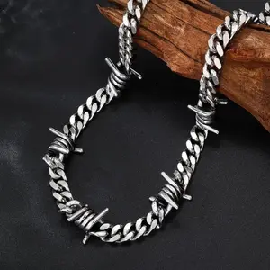 Punctured Iron Chain Bead Necklace for Men and Women - Adjustable 16-22-inch stainless steel thorn design, hip-hop punk goth jewelry for casual and formal wear, versatile accessories barbed wire