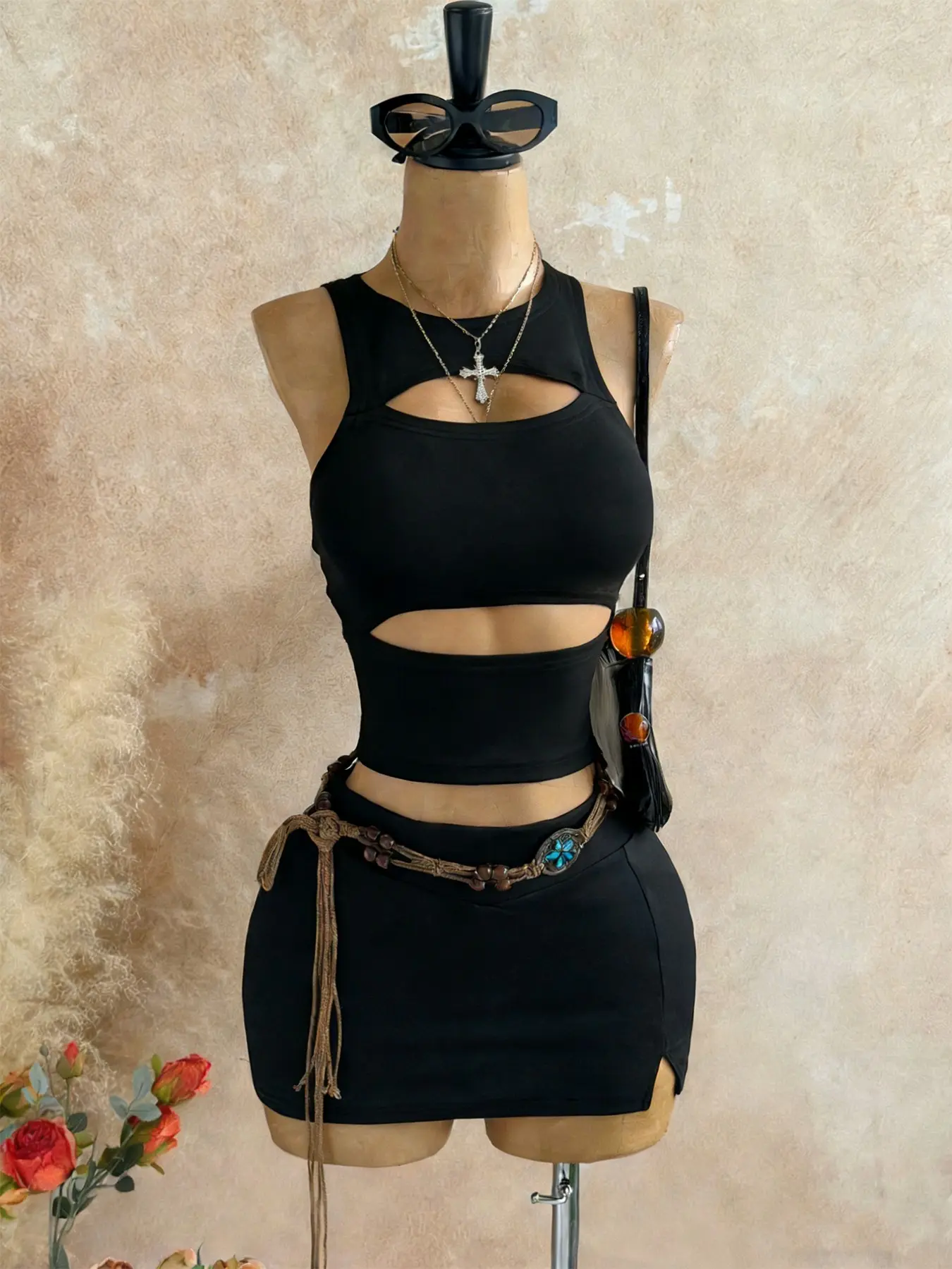Dark Punk Hollow Out Set, American Style Waist Cut-Out Vest & High-Waist Bodycon Skirt Two-Piece, Trendy Streetwear for Parties, Women Clothes