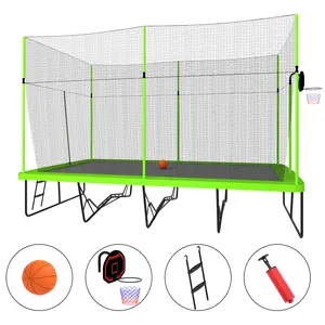 Kids & Adults 10ft x 17ft Outdoor Rectangle Trampoline with Green Fabric, Black Powder-coated Galvanized Steel Tubes & Advanced Ladder, Basketball Hoop System Heavy Duty Round Trampoline with Enclosure Workout Equipment Gym Equipment
