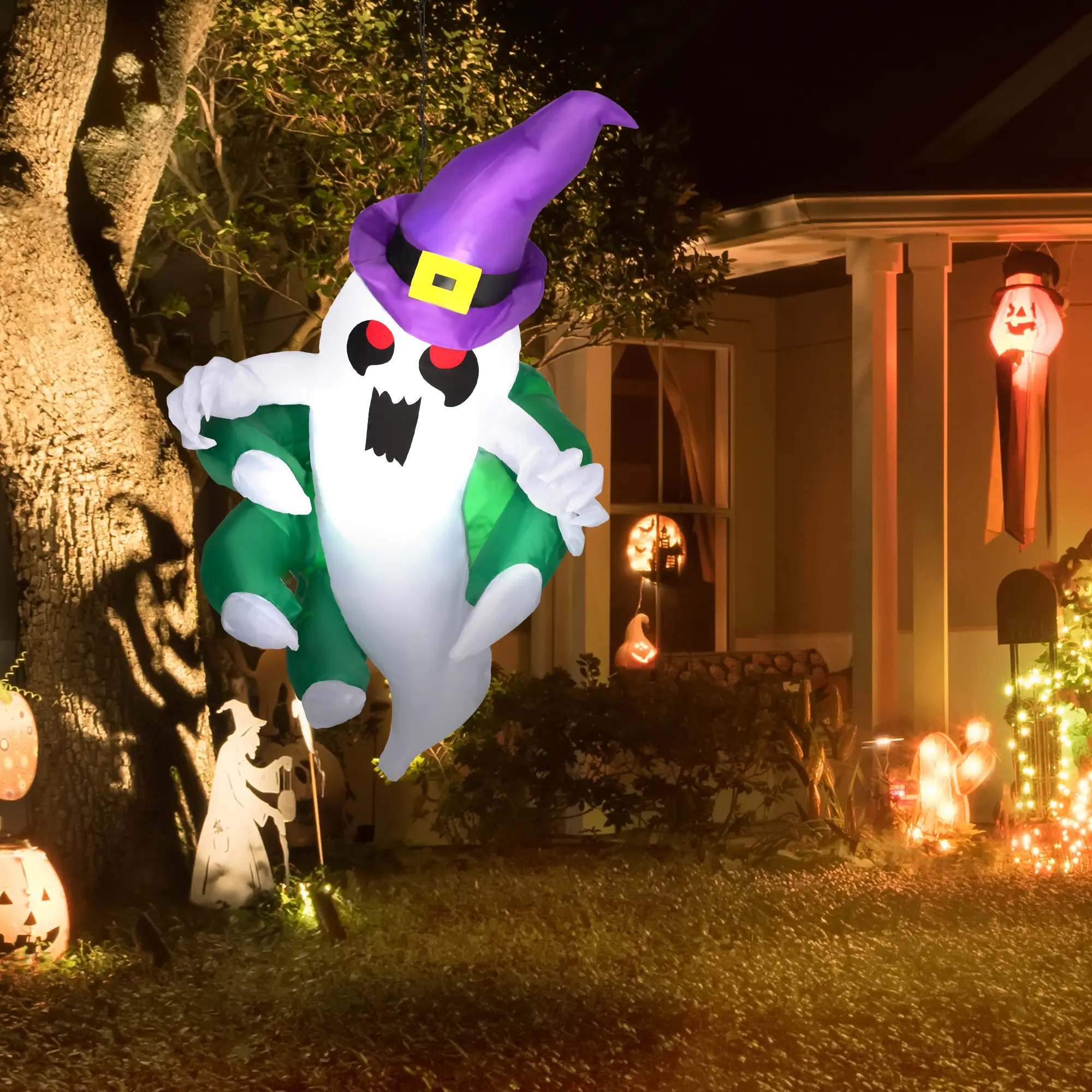 Outdoor Halloween Ghost Inflatable Window Sticker with LED Lights Mild Wind Rain Resistant 3 Suction Cups Hold Firm for Front Door Garage Balcony Lawn