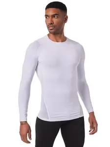 Men's Sporty Long Sleeve Compression Shirt, Quick-Dry Sweat-Wicking Round Neck Top, High Stretch Knitted Fabric Polyester Elastane Blend, Ideal for Running & Gym