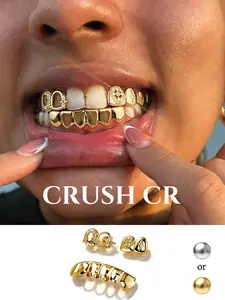 CRUSH CR Hip Hop Engraved Star Grillz, Gold/Silver Plated Teeth Caps, Bold Statement Dental Jewelry for Rappers, Studio Sessions, Concerts and Urban Streetwear