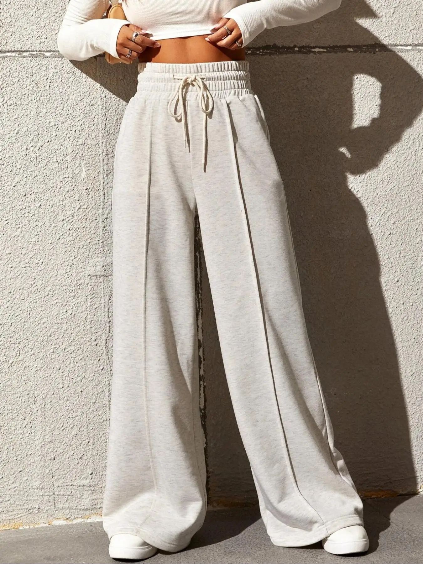 Women's Drawstring High Waist Wide Leg Pants, Casual Comfy Solid Trousers for Fall, Women's Bottoms for Daily Wear, Downtown Girl Clothes Preppy 80s