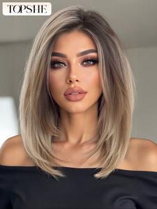 topshe short straight bob wig, gradient, heat resistant fiber, for daily wear & festivals, women fashion trendy hairpiece