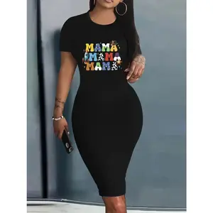 1pc Women'S Summer Short Sleeve Bodycon Dress] Women'S Summer Casual Crew Neck Bodycon Dress, Polyester Knit Fabric, Short Sleeve Alphabet Print Midi Dress