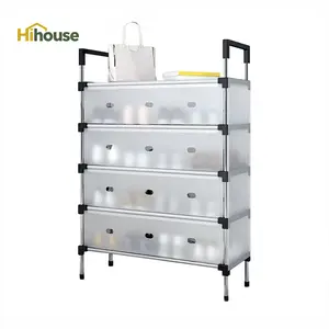 Portable 4-Tier Metal Shoe Rack, Stackable Plastic Shelf Shoe Organizer, Heavy Duty Space Saving Shoe Storage for Bedroom & Entryway, White