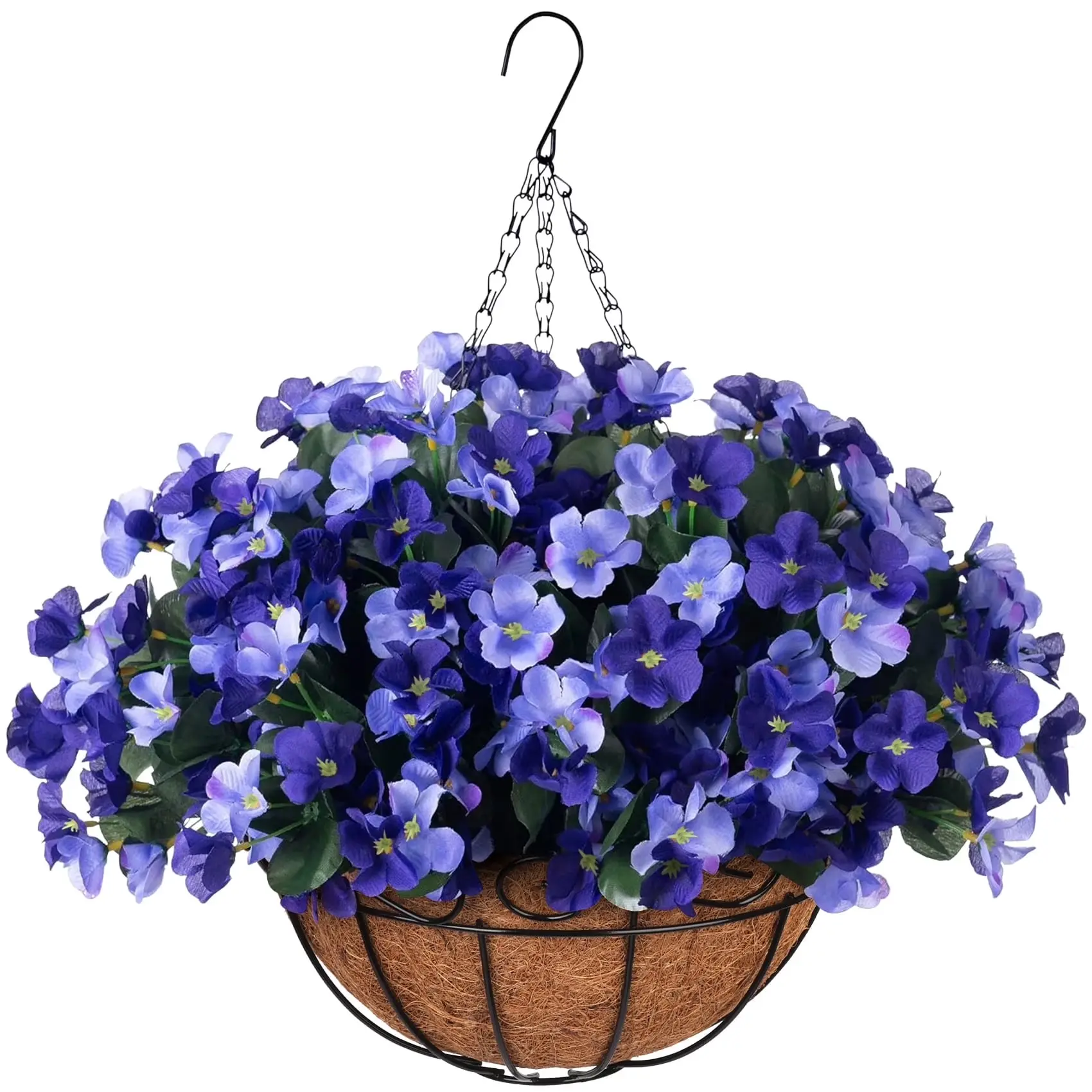 Artificial Hanging Hydrangea Flower Set with Natural Coconut Fiber Basket, Coconut Fiber Liner, 12 Artificial Hydrangea Flower Stems & Metal Hanging Chain for Porch Patio Decor, Hanging Baskets, Fade Resistant