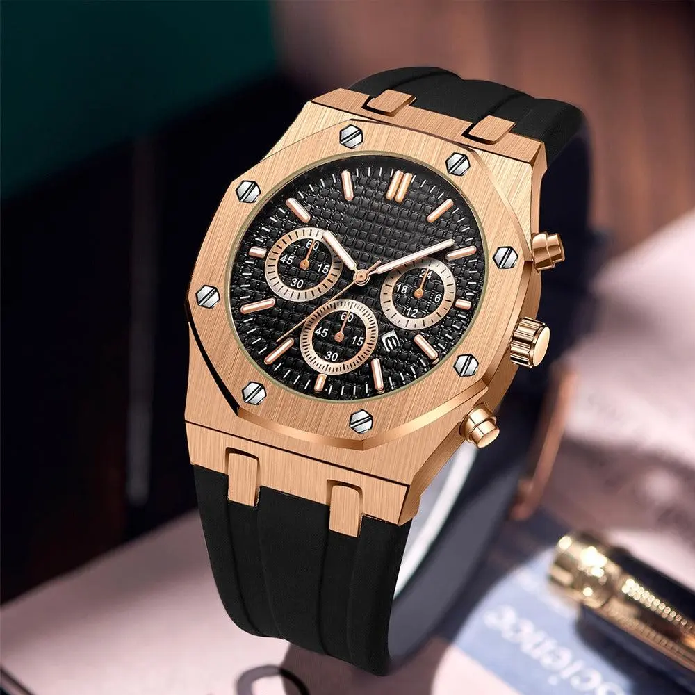 Men's Luxury Rose Gold-Framed Presidential Analog Quartz Watch - Black Face, Rubber Strap, Stainless Steel, Sleek Masculine Men's Accessory #6, Men's Accessories