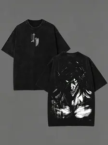 Retro Heavy Eren Yeager x Attack On Titan Ver 2 Anime Double Printed Men's Vintage Tee Washed Unisex Oversize Anime Manga Washed Heavyweight Cotton T-shirt, Anime Gift For Him Crewneck Oversized Short Sleeve Streetwear Relaxed Fit