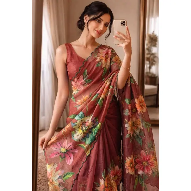 FANCY LINEN SILK DIGITAL PRINT AND KHATLI WORK SAREE WITH UNSTITCHED BLOUSE DUSTY ROSE
