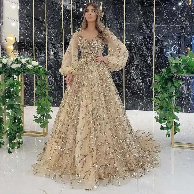 2025 New Women's Gold Luxury Evening Dress Sexy Female Style Queen Dress Women Elegant Vestidos Formal Womenswear Workwear Long Sleeve