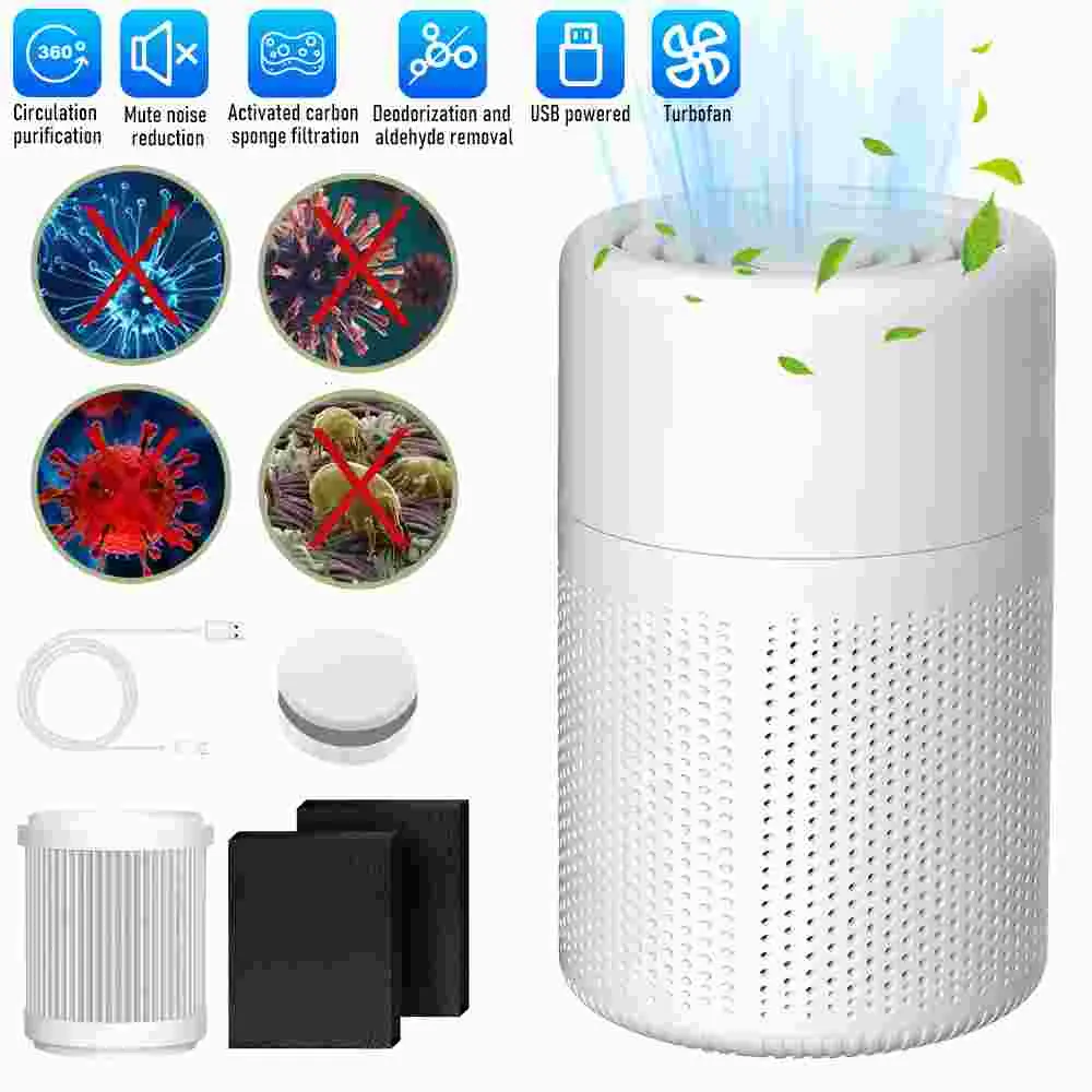 USB Portable Mini Air Purifier, 360° Circulation Purification Activated Carbon Filter Silent Desktop Air Cleaner For Bedroom Car Remove Formaldehyde Odor Dust Bacteria