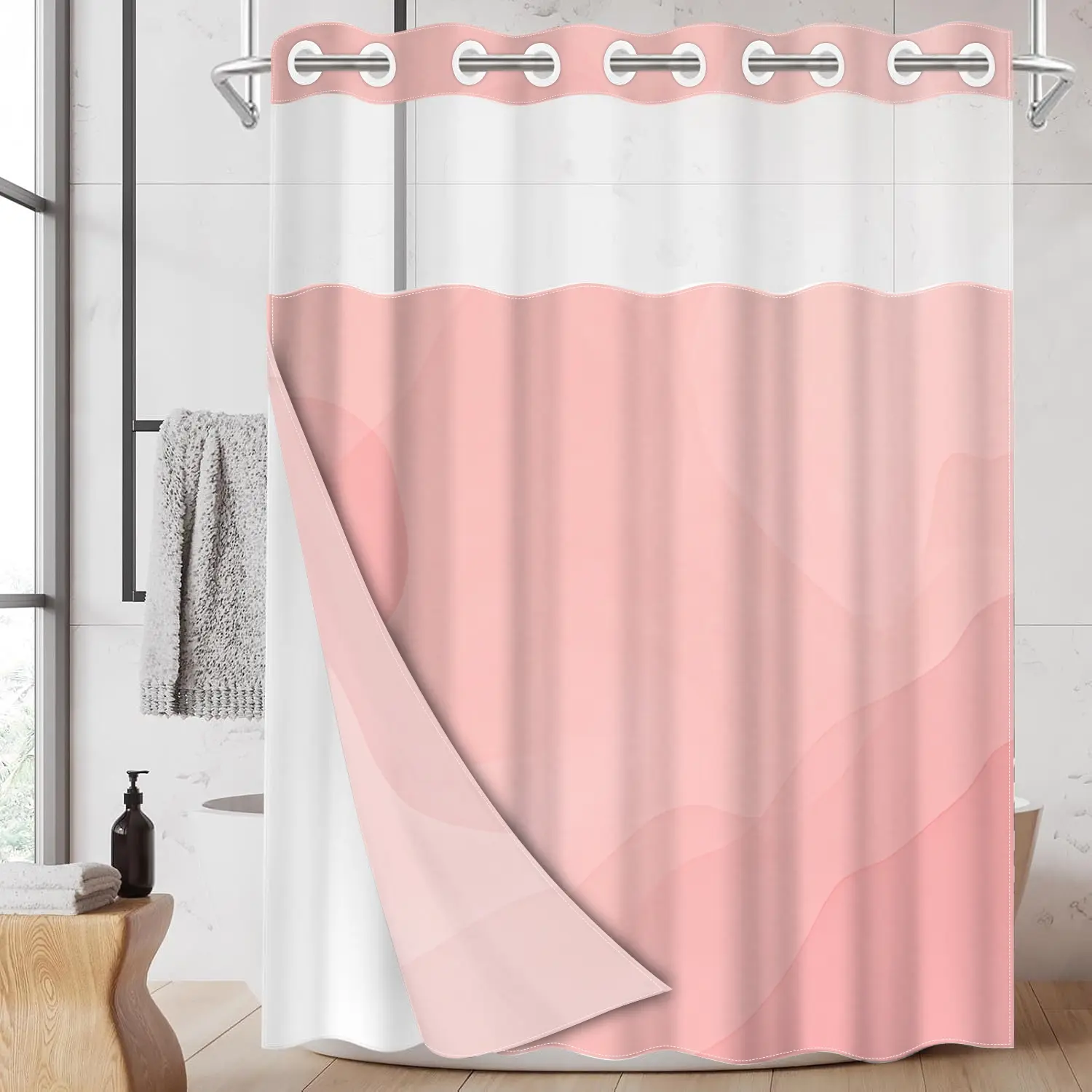1pc hookless Girly pretty shower curtain cute with buckle lining, pink abstract design 2D flat printing, fabric waterproof lining, see-through double-layer shower curtain, 71 x 74 inches, modern home draping curtain, Shower Curtain Liner