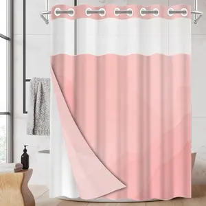 1pc hookless shower curtain cute with buckle lining, pink abstract design 2D flat printing, fabric waterproof lining, see-through double-layer shower curtain, 71 x 74 inches, modern home draping curtain, Shower Curtain Liner