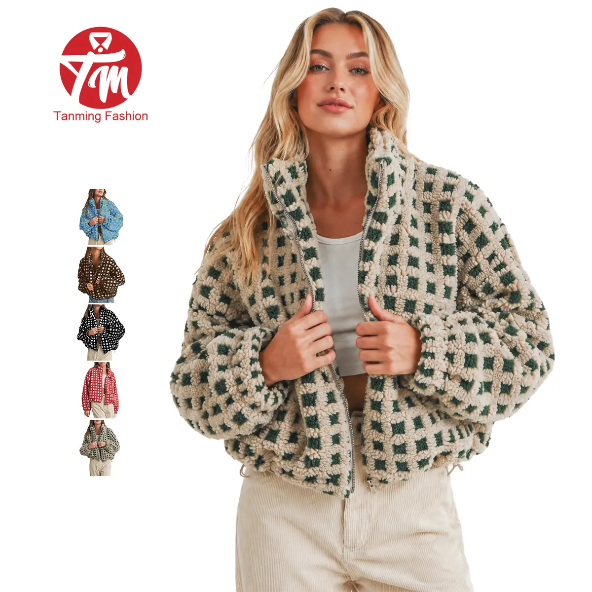 Tanming Women's Collared Long Sleeve Warm Plaid Sherpa Fleece Coat, Casual Zip-Up Relaxed-Fit Top with Adjustable Drawstring Hem, Cozy Stylish Design