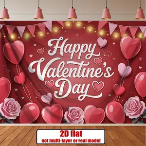 1PC 2D Flat Polyester Valentine's Day Backdrop Cloth - Love Rose Balloon Theme, Romantic Festive Party Decoration, Birthday Photography Background Curtain