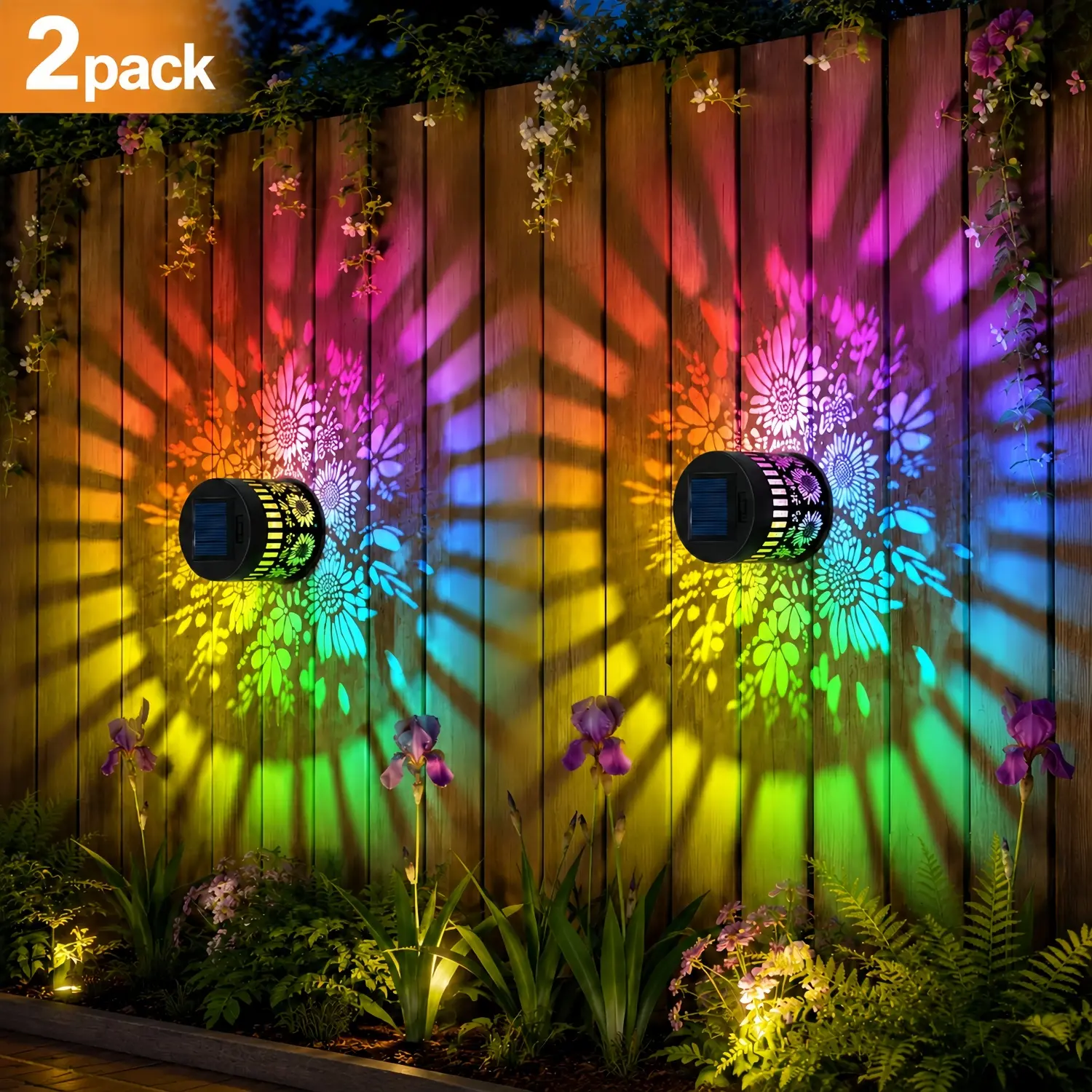 2pcs,Solar outdoor wall lamp decoration projection lamp courtyard lamp sunflower projection shape wall lamp iron hollow exterior wall lamp colorful light sunflower style porch lamp suitable for courtyard, balcony, garden, and exterior wall decoration
