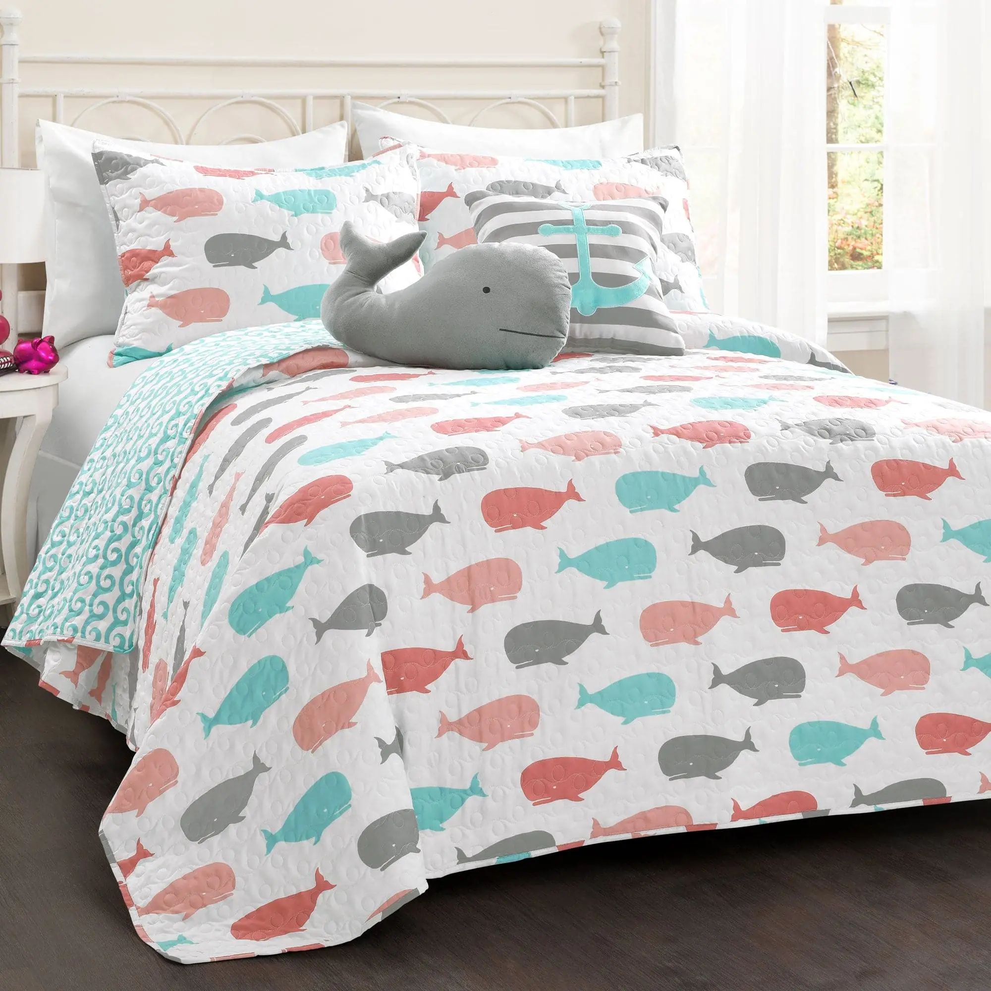 Lush Decor Whale 4-Piece Twin-Size Navy, Pink & Aqua Reversible Animal-Printed Bedding Set with 2 Decorative Pillows, Cute Bed Blanket, Aqua Quilt & Decorative Bed Cover Quilt