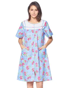 Casual Nights Women's Zipper Front House Dress Short Sleeve Woven Housecoat Duster Lounger Robe with Pockets - Floral Blue - X-Large