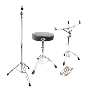 Drummers Throne Seat, Snare Drum Stand & Straight Cymbal Stand Hardware Set 3 PACK by GRIFFIN | Comfortable Percussion Chair for Adults | Light Weight Mount for Standard Drums, Tom-Toms & Practice Pad