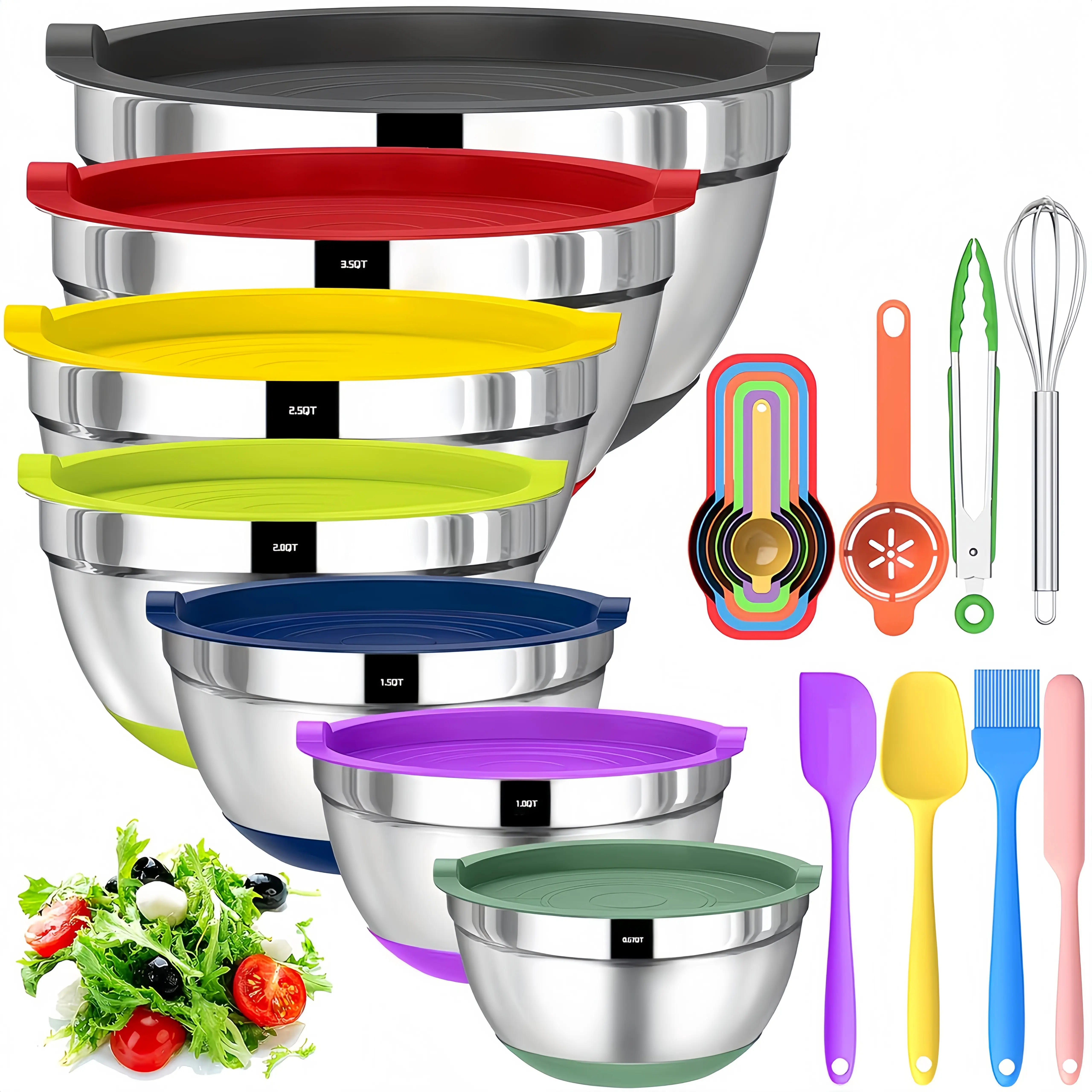 20-Piece Heavy-Duty Rust-Resistant Stainless Steel Nesting Mixing Bowls Set With Airtight Color-Coded Lids, Non-Slip Colorful Silicone Base Bottom, Polished Metal Bowls Sizes 7, 3.5, 2.5, 2.0, 1.5, 1, 0.67QT Large Bowl For Mixing, Baking, Serving