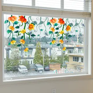A set (30*60cm*2pcs) of spring and summer orange-yellow gradient flower and vine flat static stickers for decorating window stickers, window display and home background beautification, D22085, Floral Pattern Sticker