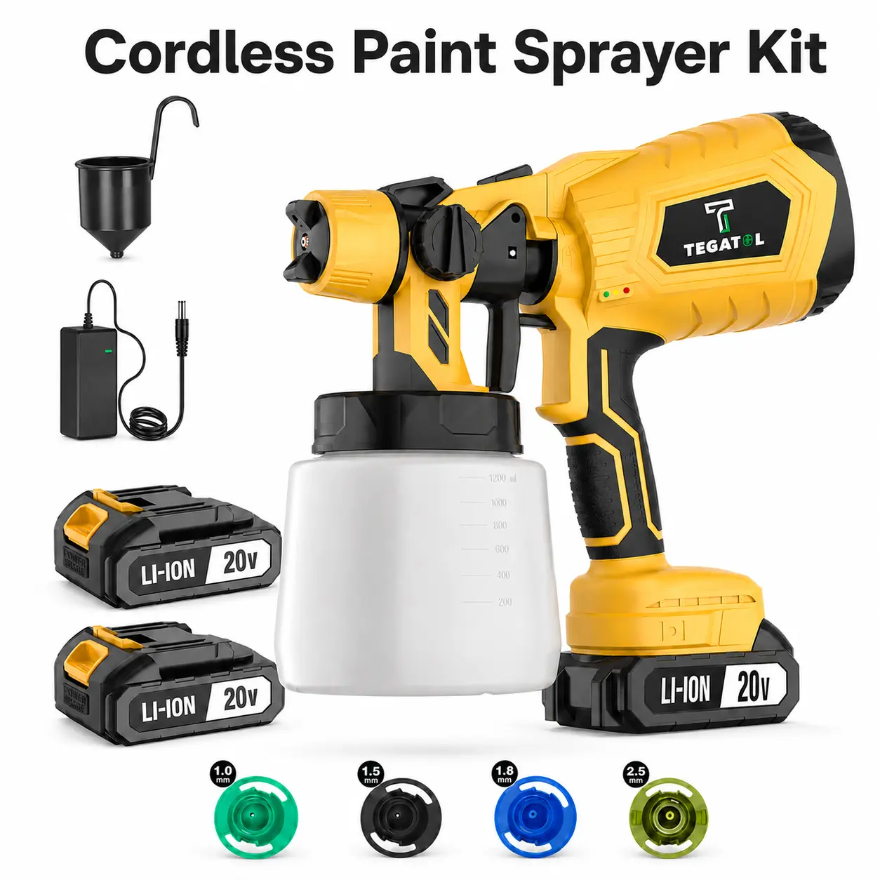 20V Cordless Paint Sprayer with 1000mL Container, 4 Nozzles, Adjustable Spray Patterns, Handheld Electric Spray Gun with 1 or 2 Batteries for Furniture, Cabinets, Fences and DIY Projects