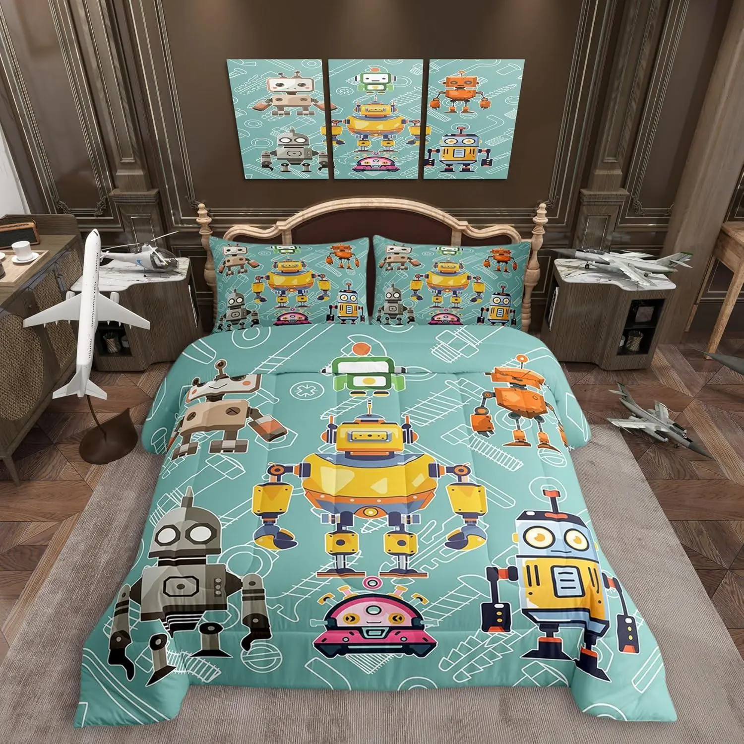 Cartoon Robot Comforter Set for Kids,Colorful Intelligent Machine Graffiti Bedding Set,Teens Boys Room Decor,Kids Boys Teal Comforter for All Seasons