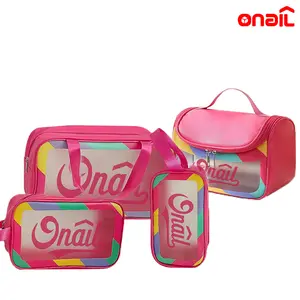 ONAIL Colorful Women's Travel Toiletries Bag 4-Piece Set with Handle, Large Capacity Translucent Waterproof Travel Cosmetic Bag, Durable PVC Material Makeup Pouch Zipper