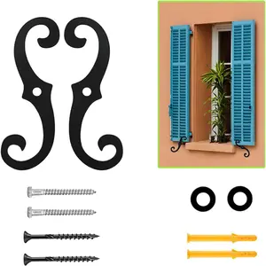 6.3" Decorative Shutter Dog Holders with Mounting Screws, Rust Resistant Iron External Shutter Tieback for Exterior Shutters, 2 Pieces Black