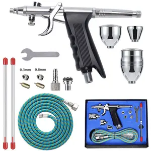 Dual-function spray gun set, trigger spray gun, airbrush with 0.3, 0.5, 0.8mm needles and nozzles, 2cc/5cc/13cc paint cups, air hose, for tattoos, cosmetics, nail art, models, - metal materials, no electric, spray gun accessories, Paint Spraying Tool