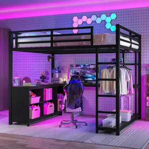 Queen Size Loft Bed with Storage Wardrobe and L-shaped Desk,  Heavy-Duty Metal Loft Bed Frame with Storage Cubes and Shelves, High Loft Bed for Teens Adults, Noise Free, Black