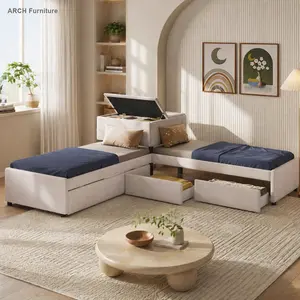 Twin Beige Arch L-Shaped Upholstered Platform Bedframe - Corner Storage Bed Frame with Trundle, 2 Drawers, Built-In Desk, Unique Bedroom Furniture for Studio Apartments