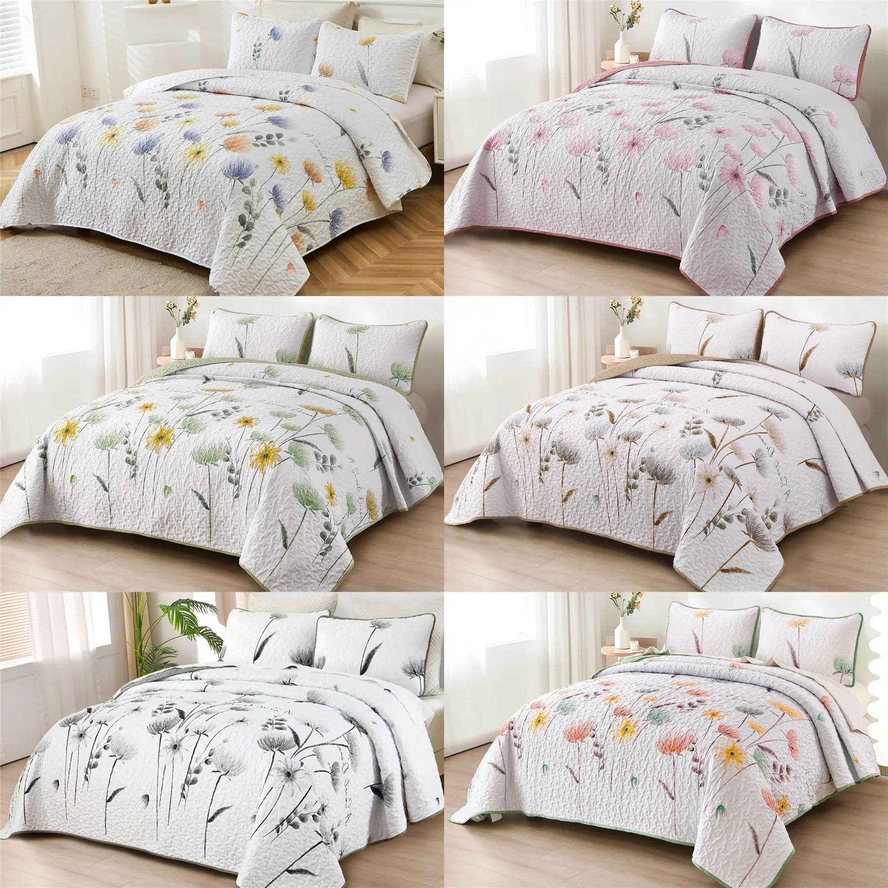 Floral Quilt Set Queen / King Size Bedspread Coverlet Botanical 3 Pieces Summer Microfiber Lightweight Soft Reversible Bed Cover sets for All Season Household Bedding Set