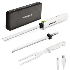 #fathersdaygift WORKPRO Electric Knife for Meat Slicing, Cordless Electric Carving Knife for Turkey, Fish & Bread, Two Stainless Steel Blades, Ergonomic Handle, Storage Case & Serving Fork Included, White