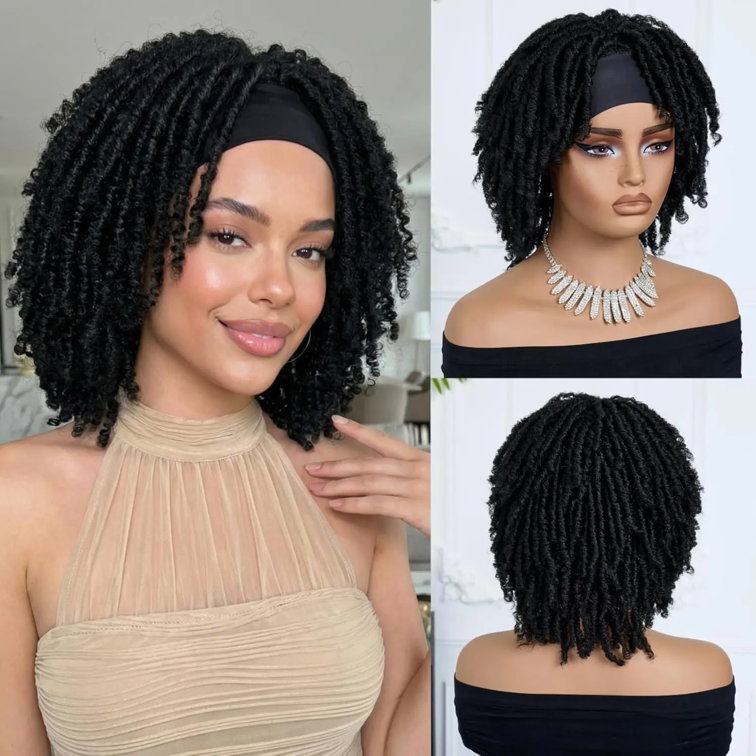 Afro Curly Braided Headband Wigs for Black Women Short Dreadlock Wig Glueless Synthetic Twist Faux  Wigs(Black, 12 Inch)