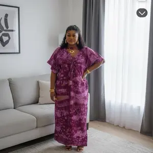 Elegant Purple Tie-Dye Maxi Dress with V-Neckline and Short Sleeves for women .