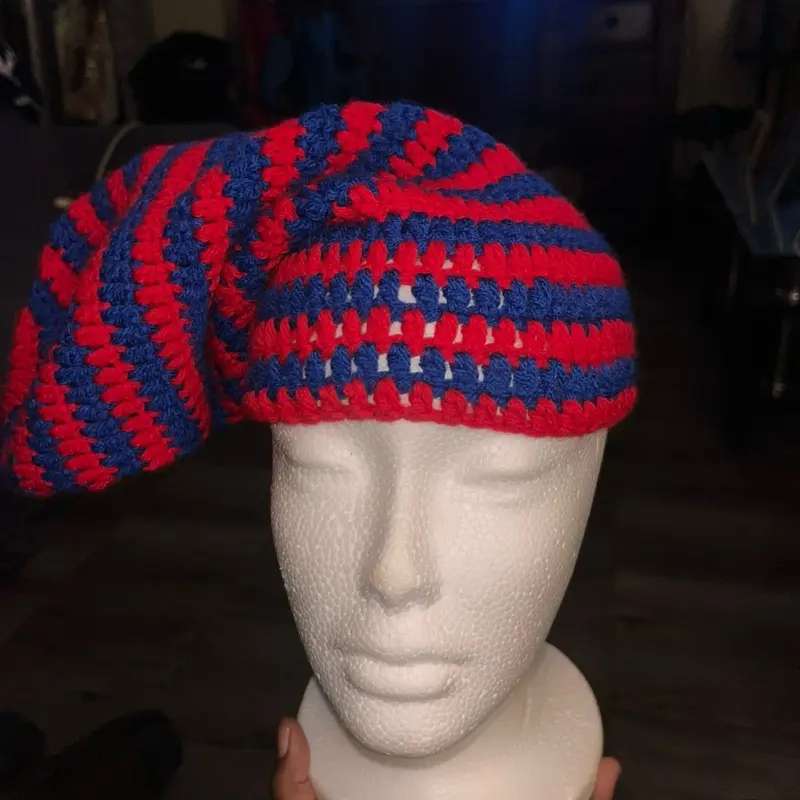 Slouchy Hat - Red and Blue Striped Knit Beanie for Casual Wear