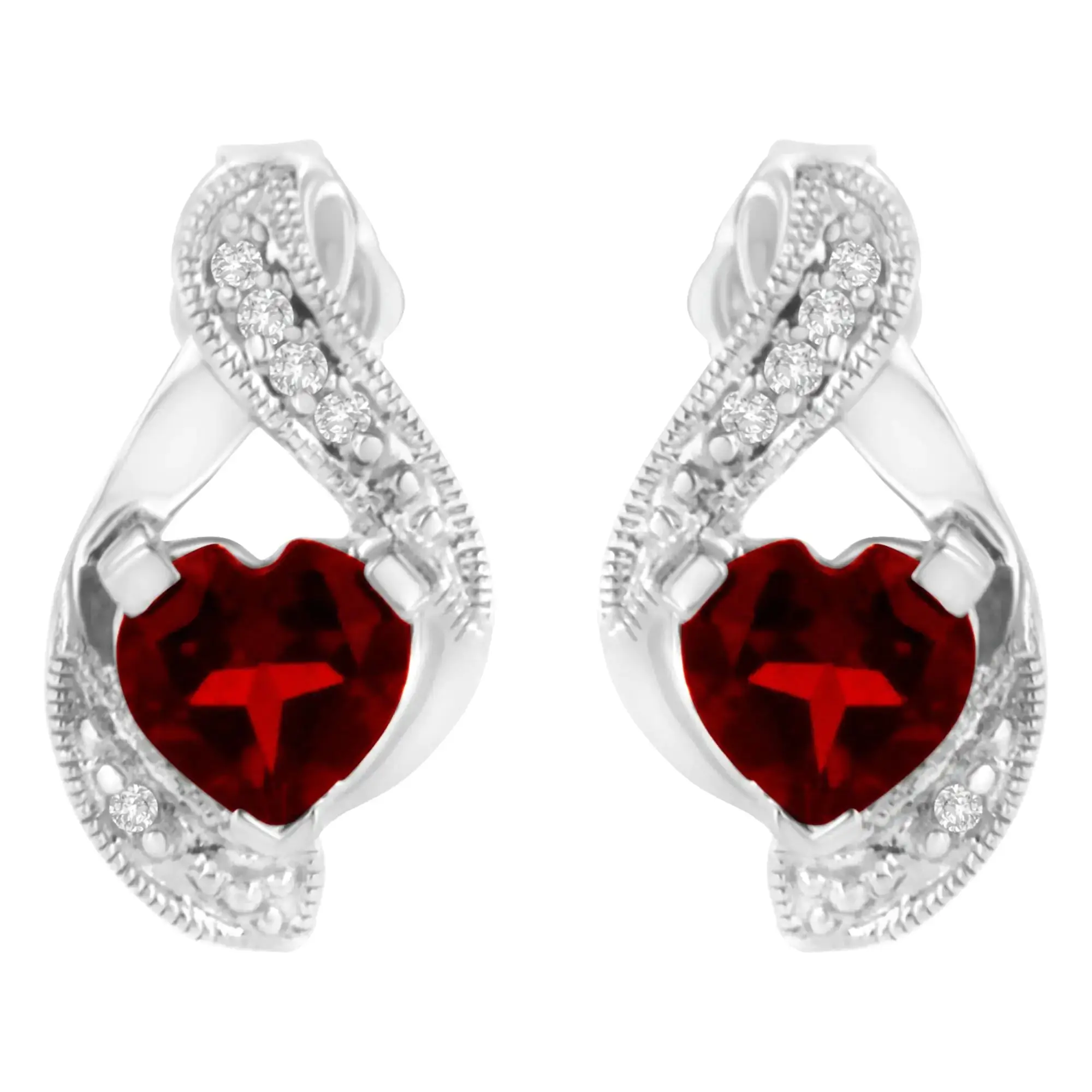 14KT White Gold 6x6mm Created Red Heart Garnet and Diamond Accent Earrings (I-J, I1-I2)