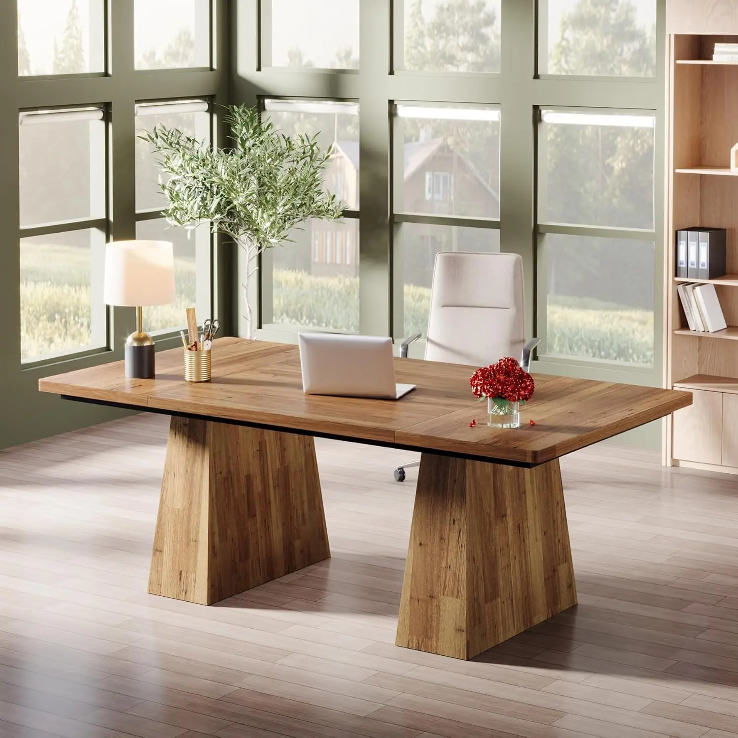 LITTLE TREE 63-Inch Executive Desk, Large Office Computer Desk with Double Pedestal, Modern Simple Workstations Writing Table Conference Table Business Furniture for Home Office