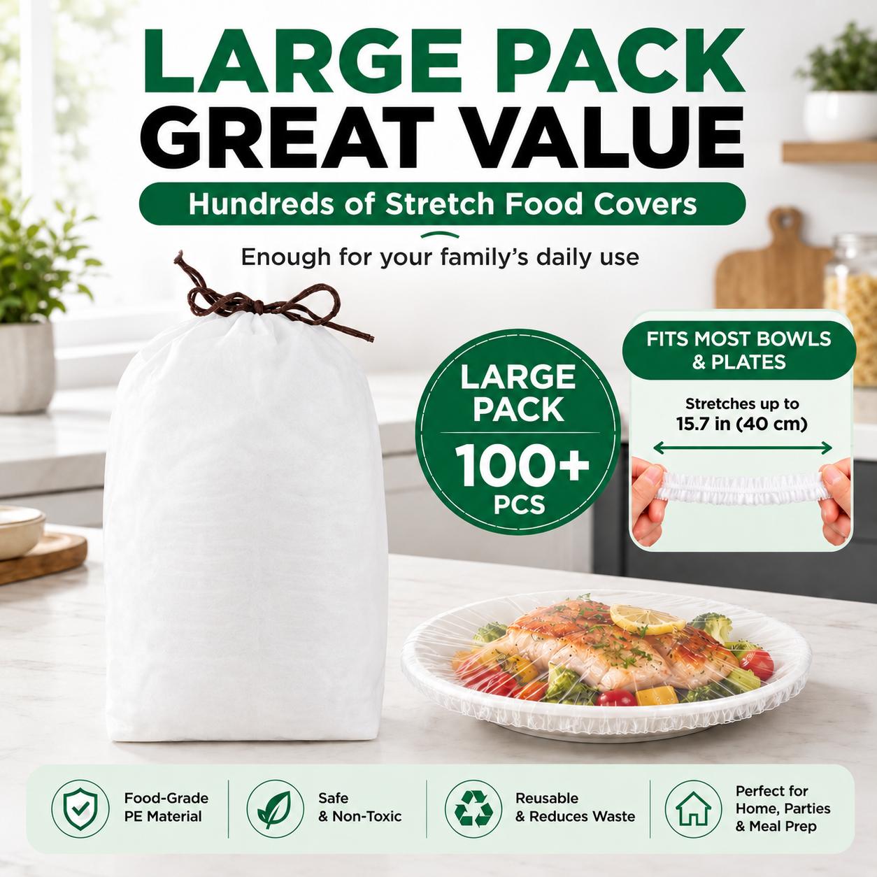100PCS Disposable Elastic Food Covers, Single-Use Stretch Lids for Kitchen Bowls & Plates, Plastic Wrap Alternative for Food Storage