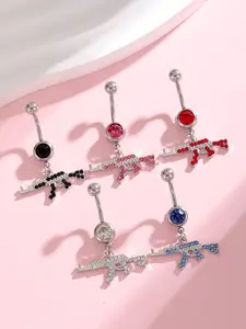 Unisex Navel Ring Pendant, Fashionable Rhinestone Handgun Design, Suitable for Daily Wear and Music Festivals, Men & Women