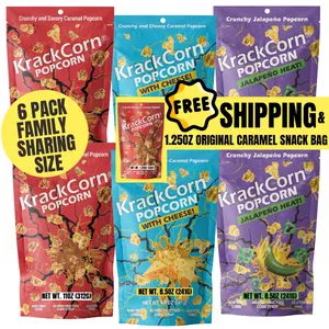 KrackCorn Popcorn Large Variety Packs+Options With A FREE Bag! Three Flavors. Crunchy Caramel. Savory Cheese. Spicy Jalapeno Heat. Gluten Free. Non GMO Corn. No High Fructose Corn Syrup.
