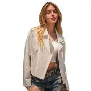 Crystal Studded Stretch Zip Up Classic Edgy Moto Jacket